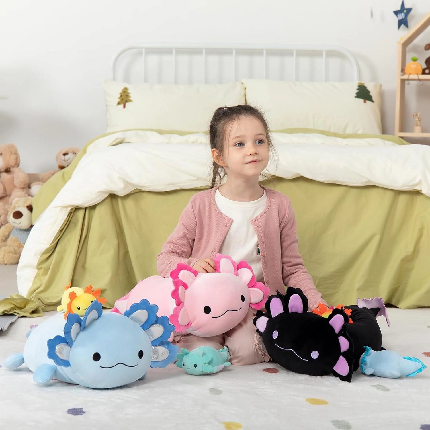 MaoGoLan 4Pcs Giant Axolotl Plush with 3 Babies Inside-23.5" Large Ultra Soft Axolotl Stuffed Animals Throw Pillow-Squishy Stuffed Axolotl Plush Collection Gift for Axolotl Lover,Kids,Teens,Black