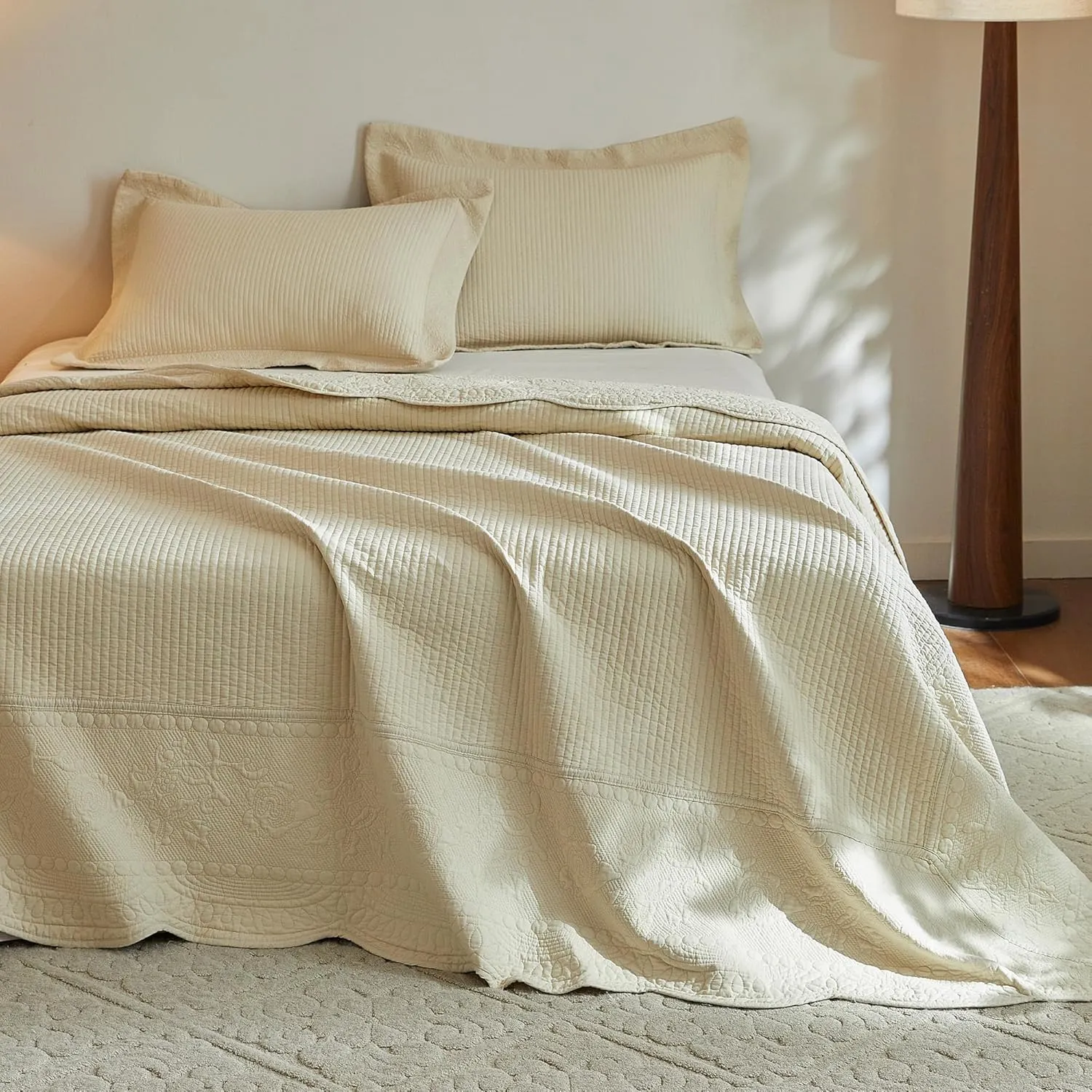 MarCielo 3-Piece 100% Cotton Oversized Bedspread Lightweight Quilt Coverlet Embroidery Farmhouse Bedding Set (TG Yellowish Beige, King (118"x106"))