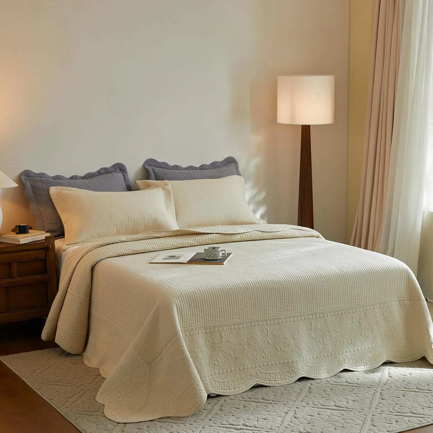 MarCielo 3-Piece 100% Cotton Oversized Bedspread Lightweight Quilt Coverlet Embroidery Farmhouse Bedding Set (TG Yellowish Beige, King (118"x106"))
