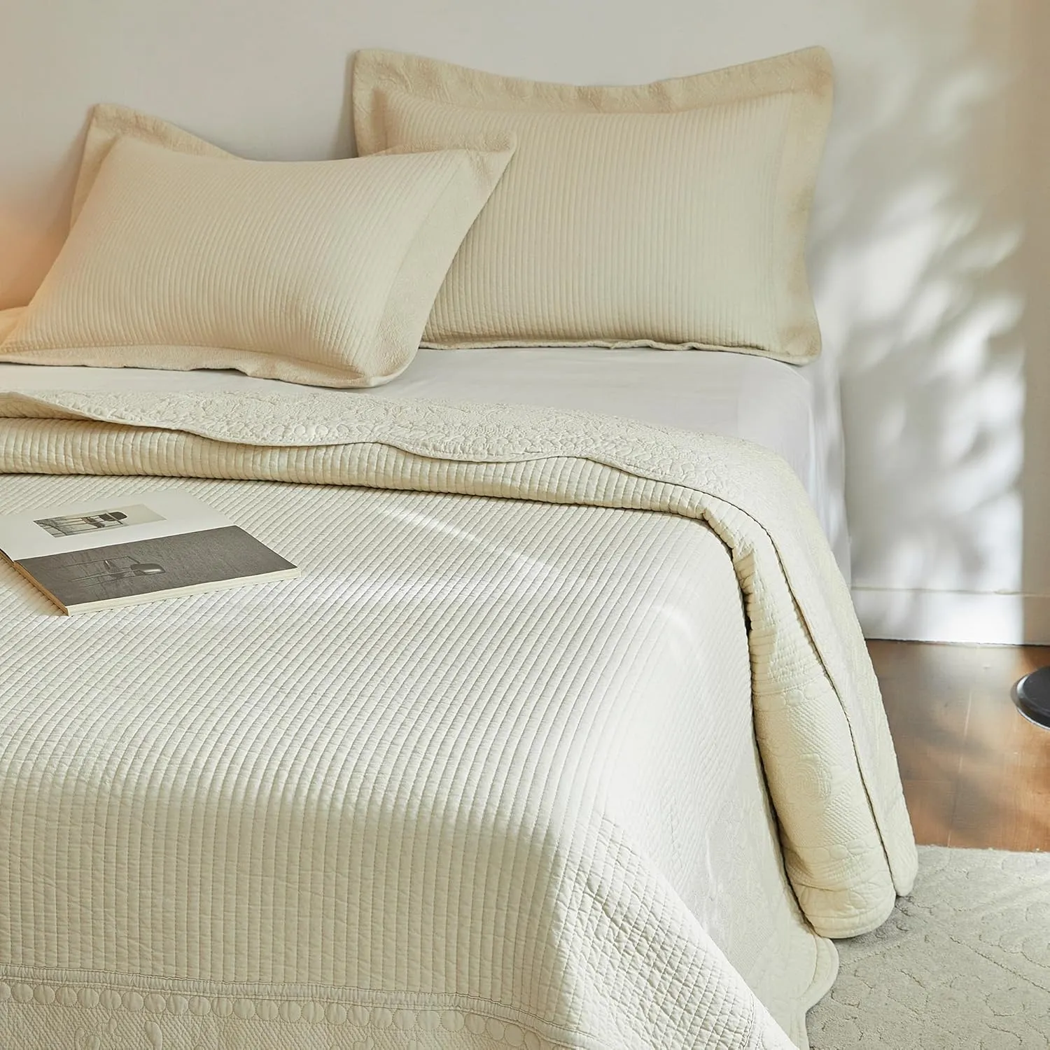 MarCielo 3-Piece 100% Cotton Oversized Bedspread Lightweight Quilt Coverlet Embroidery Farmhouse Bedding Set (TG Yellowish Beige, King (118"x106"))