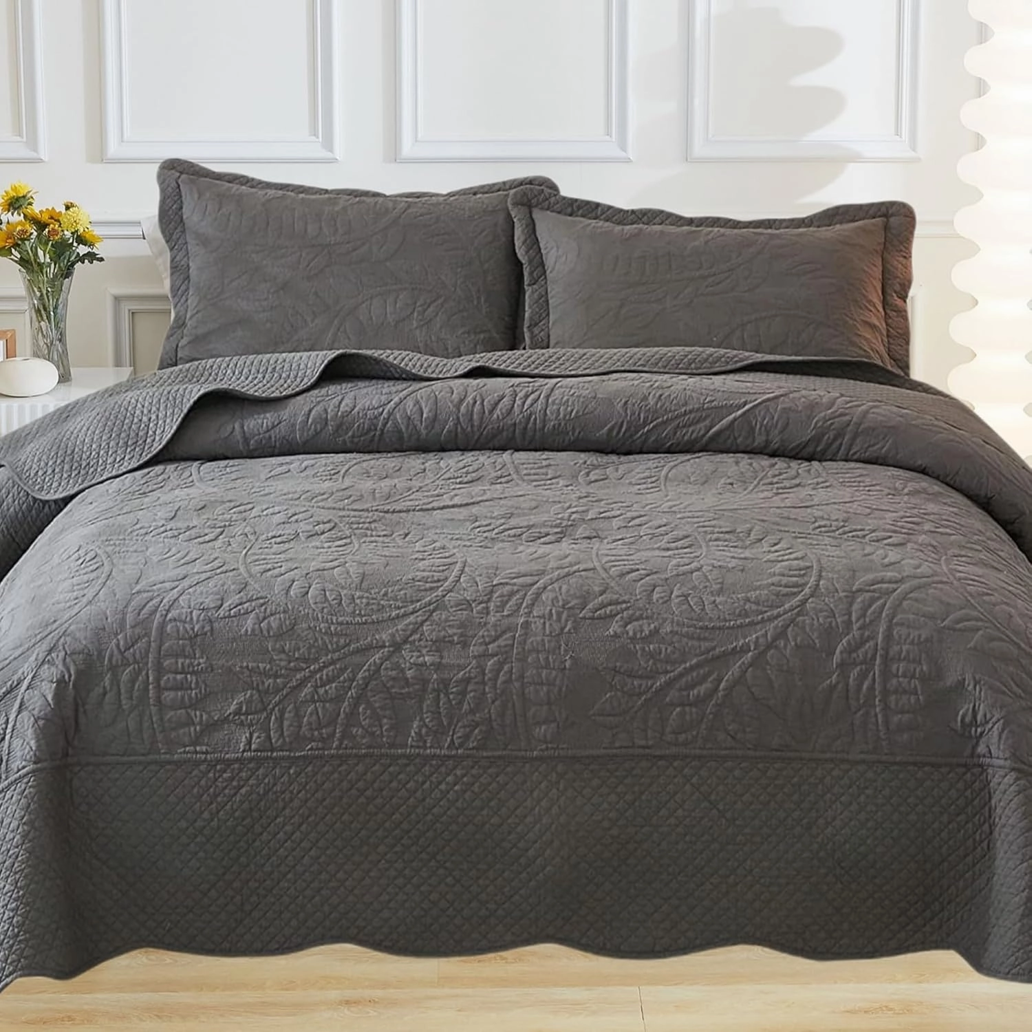 MarCielo 3-Piece 100% Cotton Oversized Bedspread Lightweight Quilt Coverlet Embroidery Farmhouse Bedding Set T0 (Dark Grey, Queen (100"x106"))