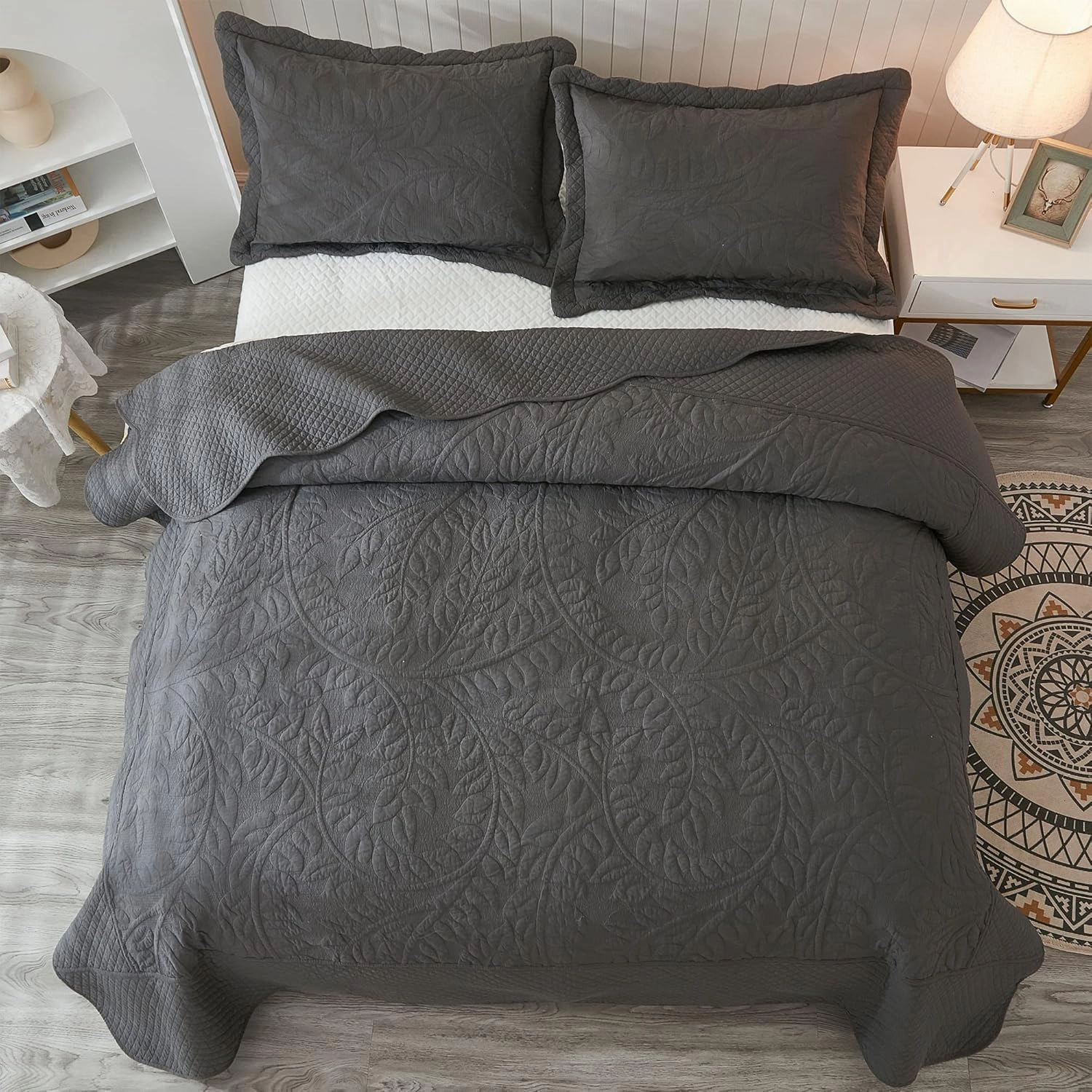 MarCielo 3-Piece 100% Cotton Oversized Bedspread Lightweight Quilt Coverlet Embroidery Farmhouse Bedding Set T0 (Dark Grey, Queen (100"x106"))