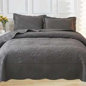 MarCielo 3-Piece 100% Cotton Oversized Bedspread Lightweight Quilt Coverlet Embroidery Farmhouse Bedding Set T0 (Dark Grey, Queen (100"x106"))