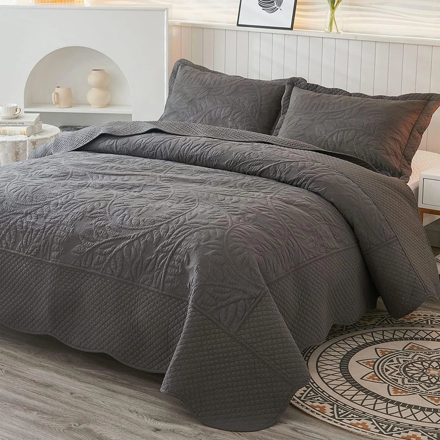 MarCielo 3-Piece 100% Cotton Oversized Bedspread Lightweight Quilt Coverlet Embroidery Farmhouse Bedding Set T0 (Dark Grey, Queen (100"x106"))