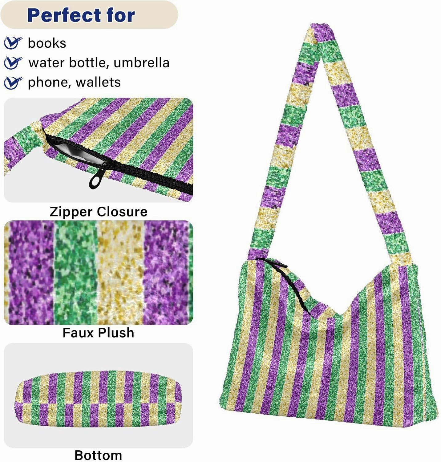 Mardi Gras With Stripes Of Gold Womans Shoulder Bag, Tote Book Bag for Women, Womens Outdoor Bag