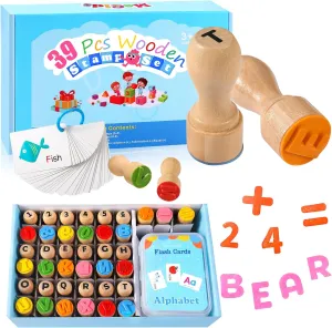 MeCids Wooden Alphabet Number Stamp for Kids - Educational Learning Toy Stamp for Playdough with 26 Letters, Numbers 0-9, Flashcards - ABC Spelling and Math Learning Toddler (Alphabet Number-39 Pcs)