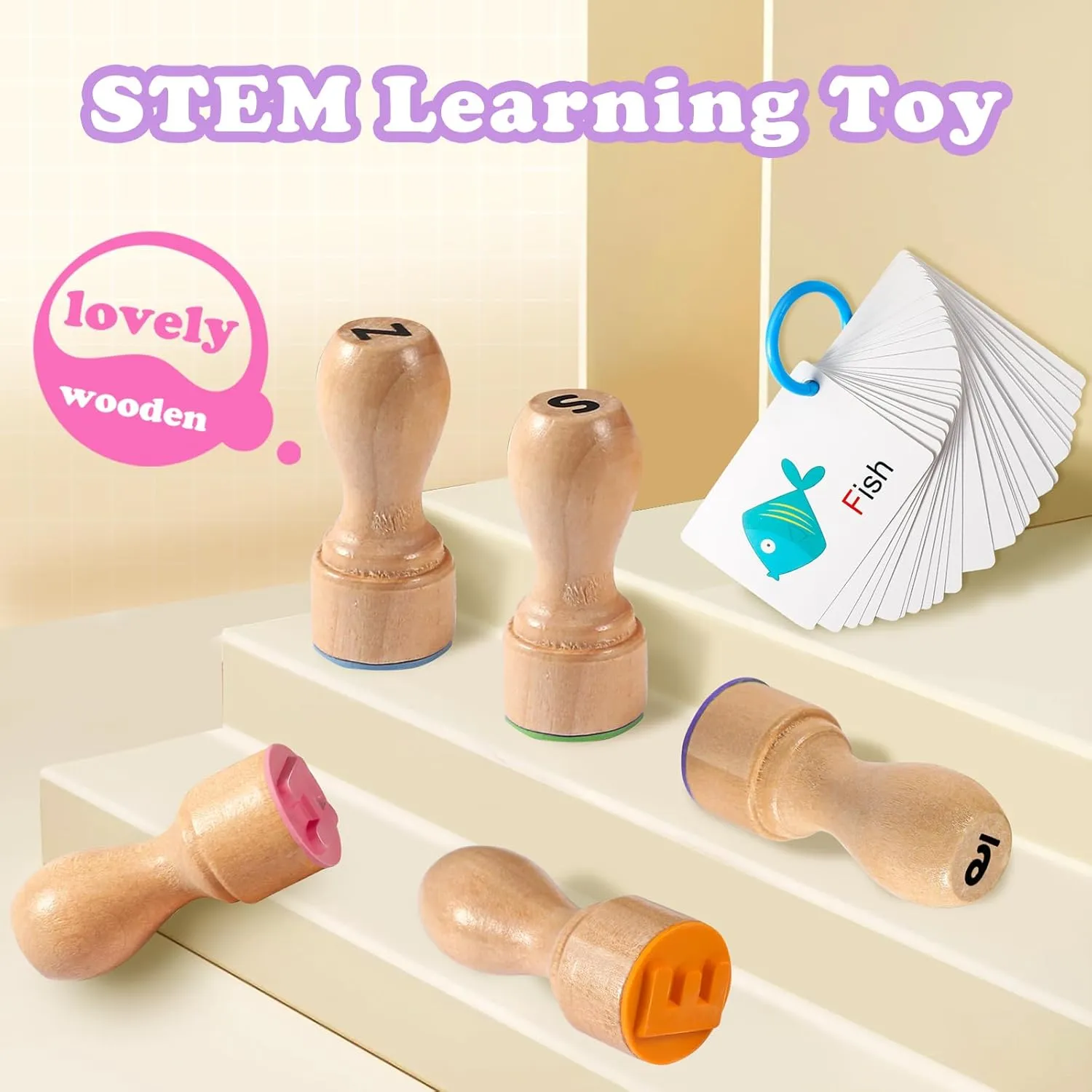 MeCids Wooden Alphabet Number Stamp for Kids - Educational Learning Toy Stamp for Playdough with 26 Letters, Numbers 0-9, Flashcards - ABC Spelling and Math Learning Toddler (Alphabet Number-39 Pcs)