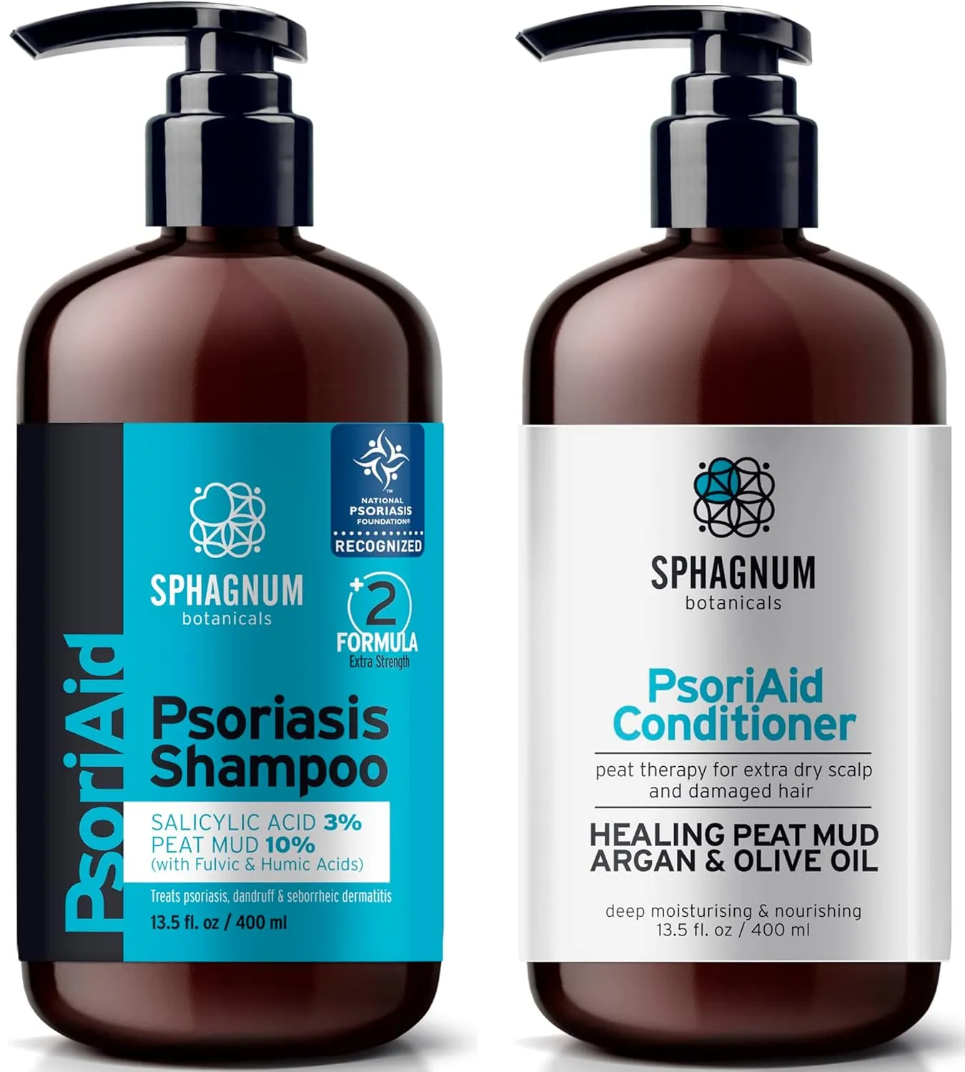 Medicated Psoriasis Shampoo and Conditioner Set - Salicylic Acid 3% and Peat Mud Shampoo together with Argan and Olive Oil Condtioner. 2 x 13.5 fl. Oz