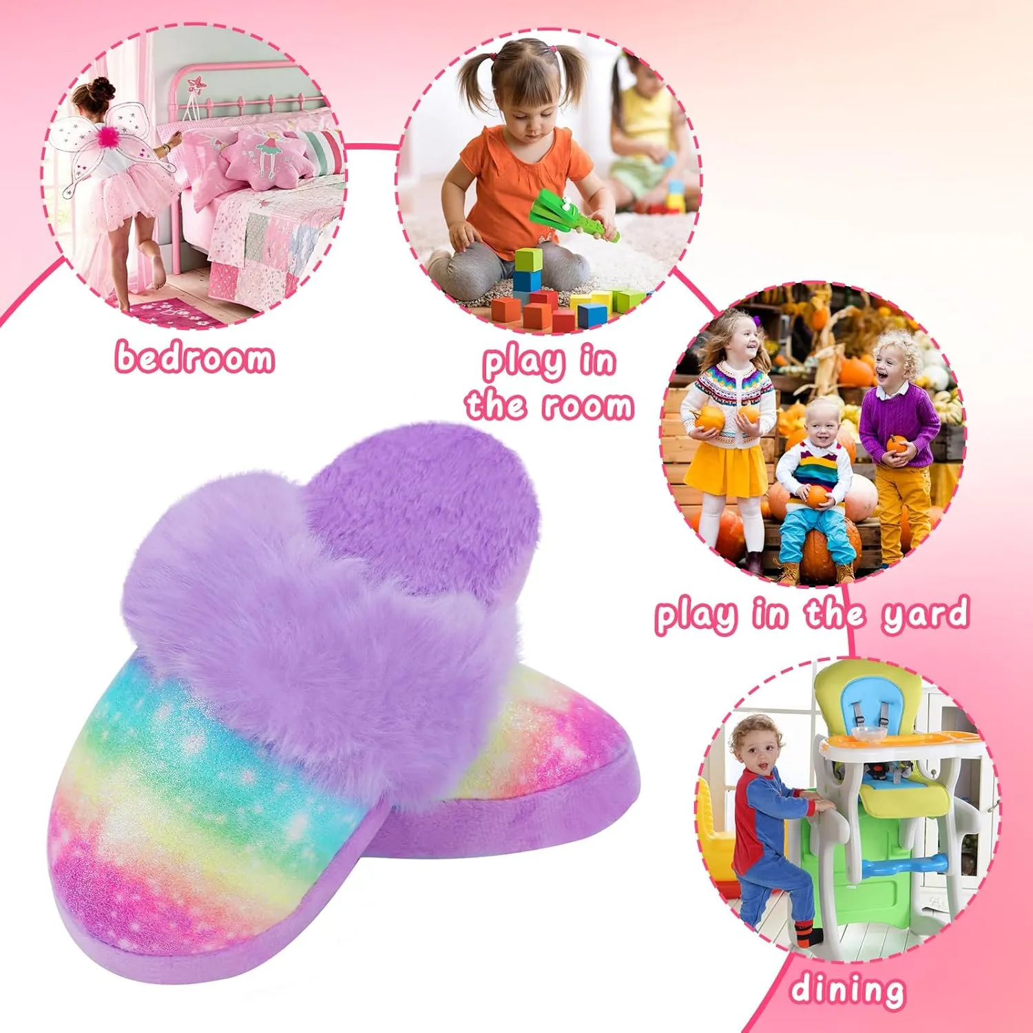 MEJORMEN Girls Fluffy House Slippers Faux Fur Slip-On House Shoes No-Slip Memory Foam Cozy Warm Plush Bedroom Slippers for Toddler Kid
