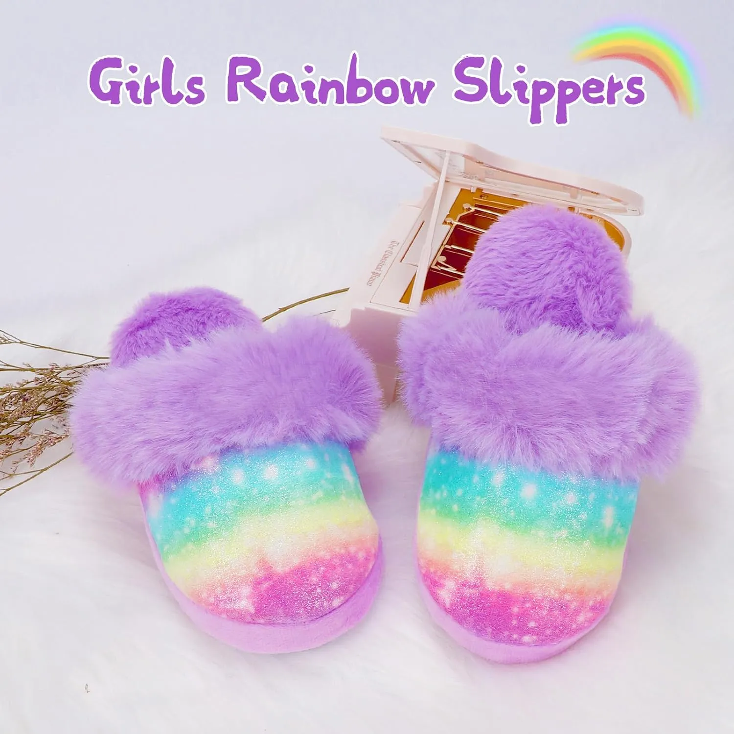 MEJORMEN Girls Fluffy House Slippers Faux Fur Slip-On House Shoes No-Slip Memory Foam Cozy Warm Plush Bedroom Slippers for Toddler Kid