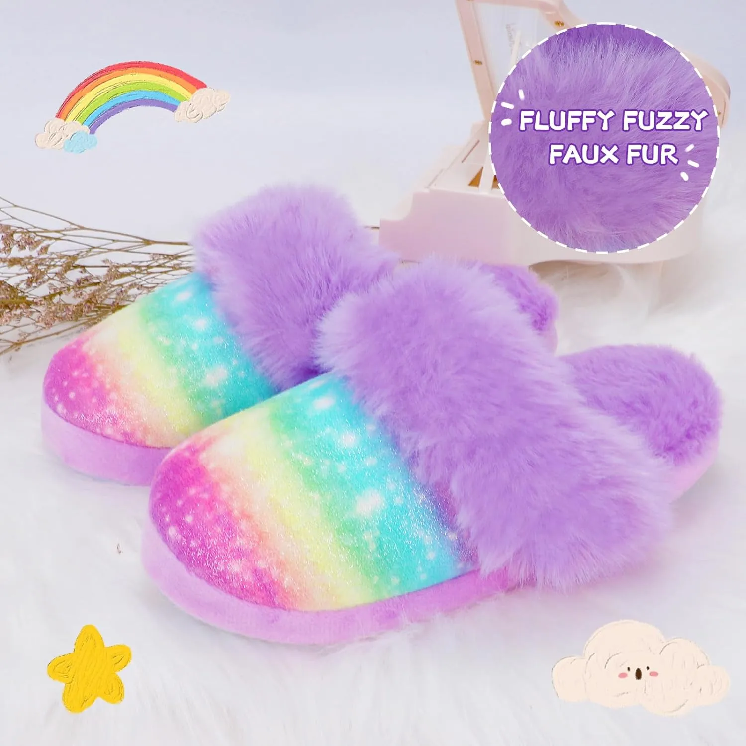 MEJORMEN Girls Fluffy House Slippers Faux Fur Slip-On House Shoes No-Slip Memory Foam Cozy Warm Plush Bedroom Slippers for Toddler Kid