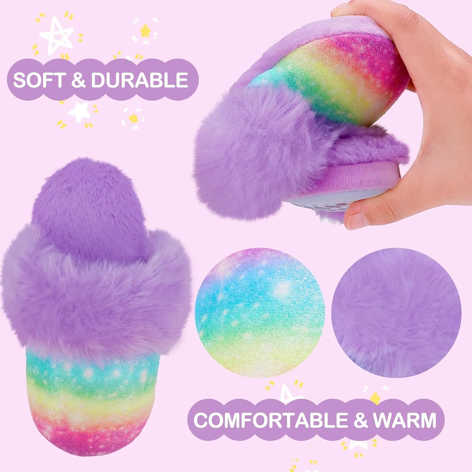 MEJORMEN Girls Fluffy House Slippers Faux Fur Slip-On House Shoes No-Slip Memory Foam Cozy Warm Plush Bedroom Slippers for Toddler Kid