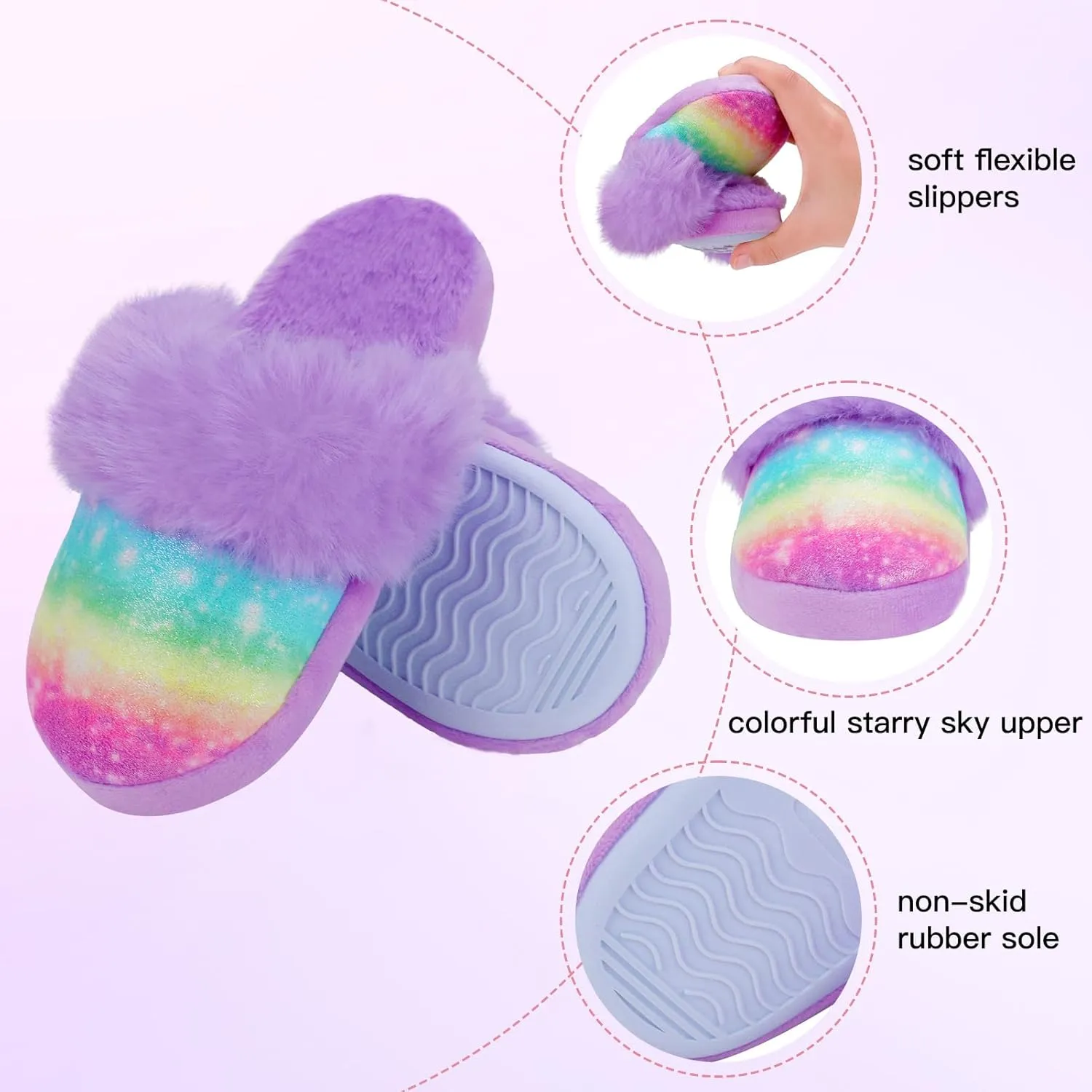 MEJORMEN Girls Fluffy House Slippers Faux Fur Slip-On House Shoes No-Slip Memory Foam Cozy Warm Plush Bedroom Slippers for Toddler Kid