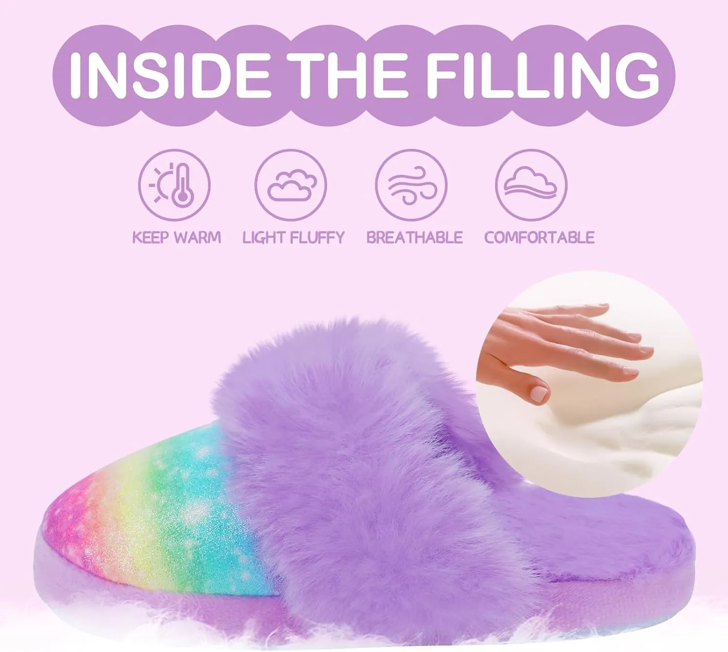 MEJORMEN Girls Fluffy House Slippers Faux Fur Slip-On House Shoes No-Slip Memory Foam Cozy Warm Plush Bedroom Slippers for Toddler Kid