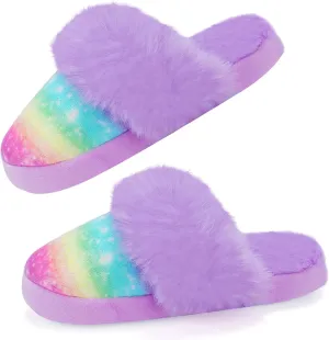 MEJORMEN Girls Fluffy House Slippers Faux Fur Slip-On House Shoes No-Slip Memory Foam Cozy Warm Plush Bedroom Slippers for Toddler Kid