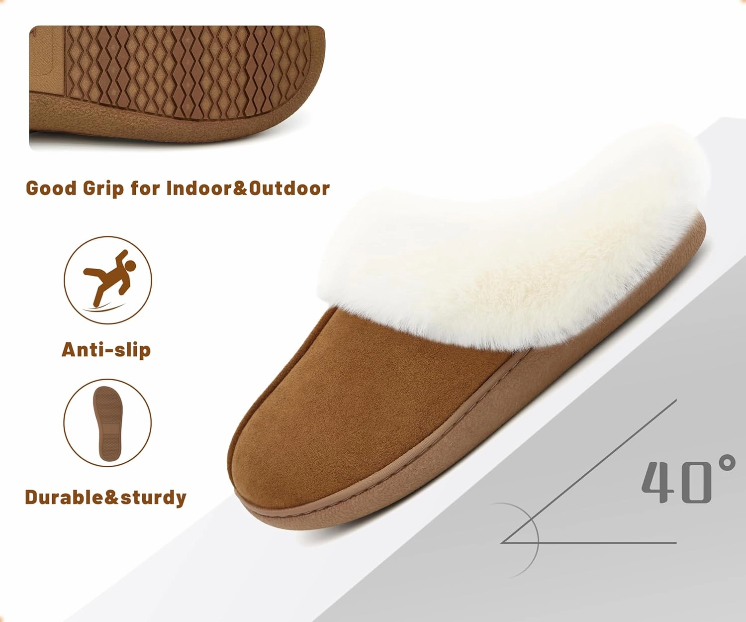 Memory Foam Home Slippers for Women, Fluffy Fuzzy Plush Womens House Shoes for Indoor Outdoor Bedroom, Cute Comfy Microsuede Scuff for Ladies