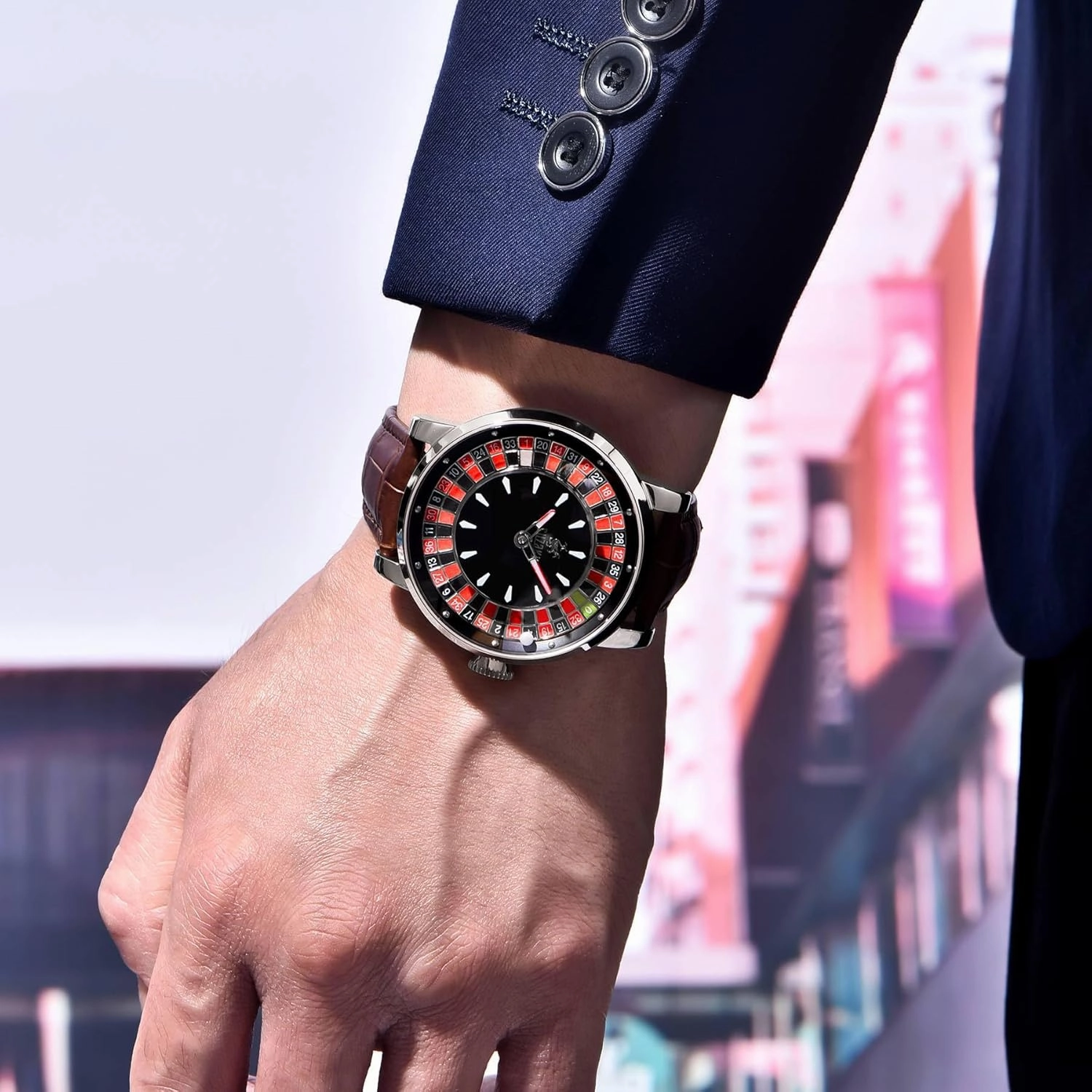 Men's Automatic Watch 46mm Roulette Mechanical Watch Men's Watch Automatic Movement NH35A Waterproof Luminous Leather Luxury Men's Automatic Rotating Roulette Watch