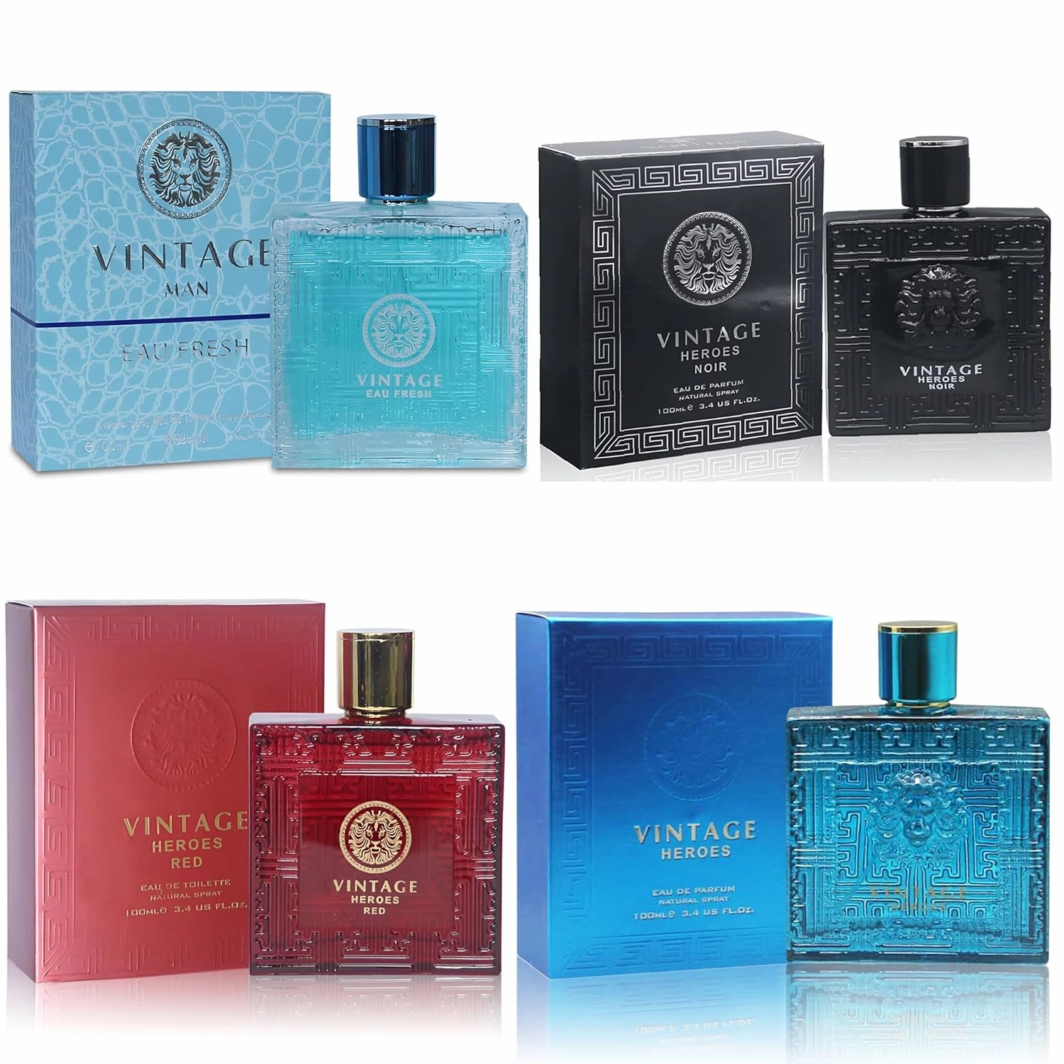 Men's Cologne Gift Set 4 Pack Vintage Heroes Series - 3.4 Fl Oz Each | Vanilla Bourbon, Leather & Amber Floral Fragrance | Luxury Eau de Toilette Quartet