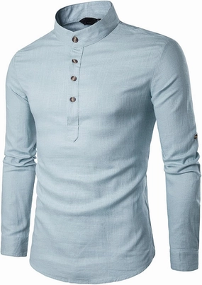 Men's Henley Linen Long Sleeve Shirts Casual Button-Down Shirts Roll-Up Slim Fit Tee Top