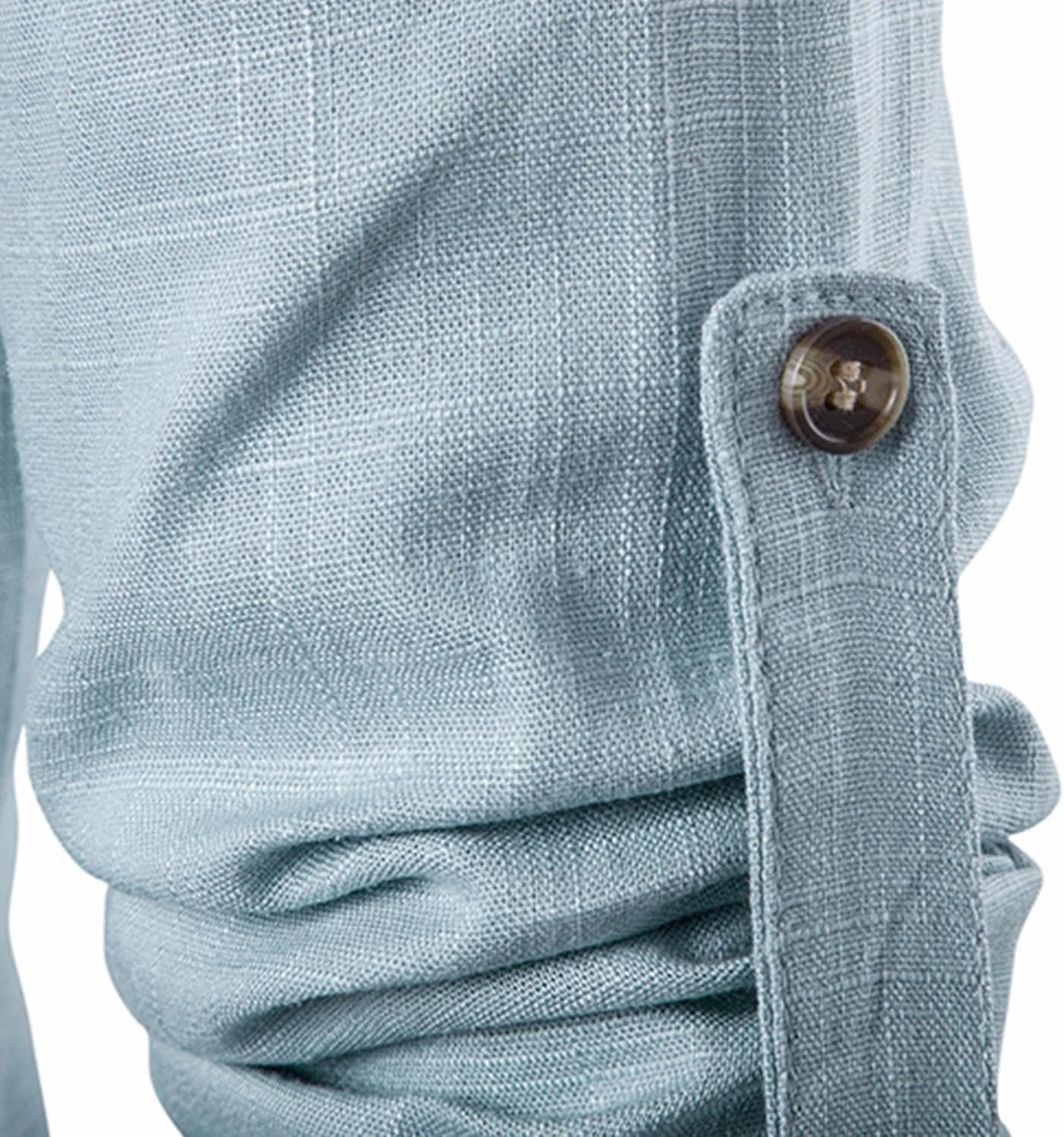 Men's Henley Linen Long Sleeve Shirts Casual Button-Down Shirts Roll-Up Slim Fit Tee Top