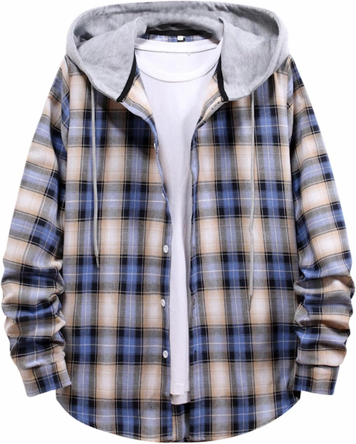 Men's Plaid Hooded Shirts Shirt Hooded Collar Long Sleeve Shirt Blouse Coat with Zipper Casual Loose Thicken