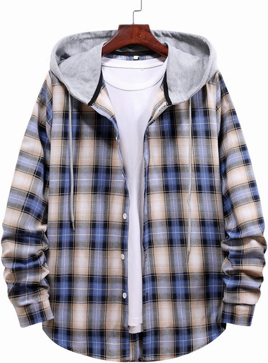 Men's Plaid Hooded Shirts Shirt Hooded Collar Long Sleeve Shirt Blouse Coat with Zipper Casual Loose Thicken