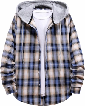 Men's Plaid Hooded Shirts Shirt Hooded Collar Long Sleeve Shirt Blouse Coat with Zipper Casual Loose Thicken