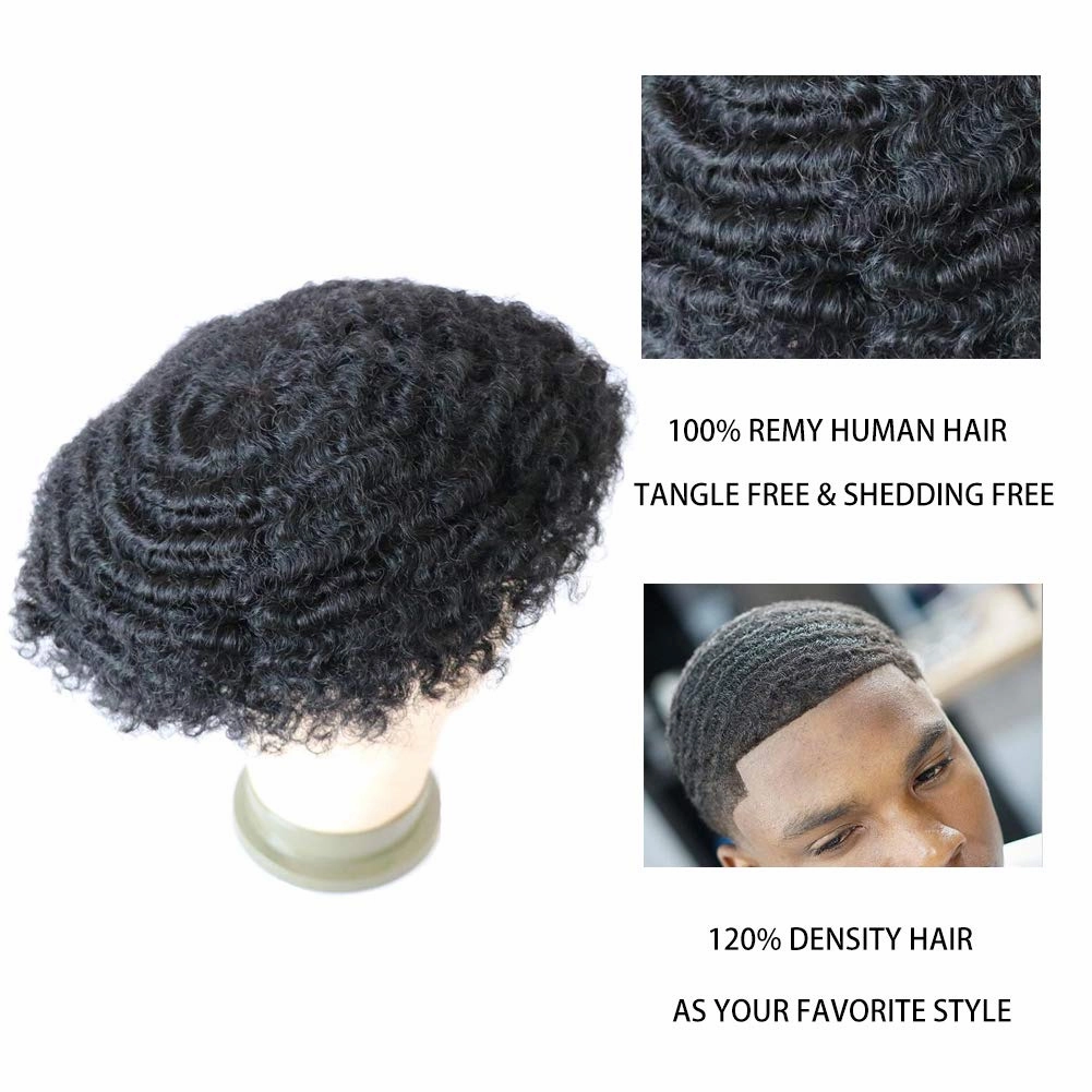 Mens Afro Toupee Translucent French Lace Man Wave Unit 1B# Off Black Mens Wig 10MM Wave 360 Toupee Hairpiece 100% Human Hair System cutable 8x10inch
