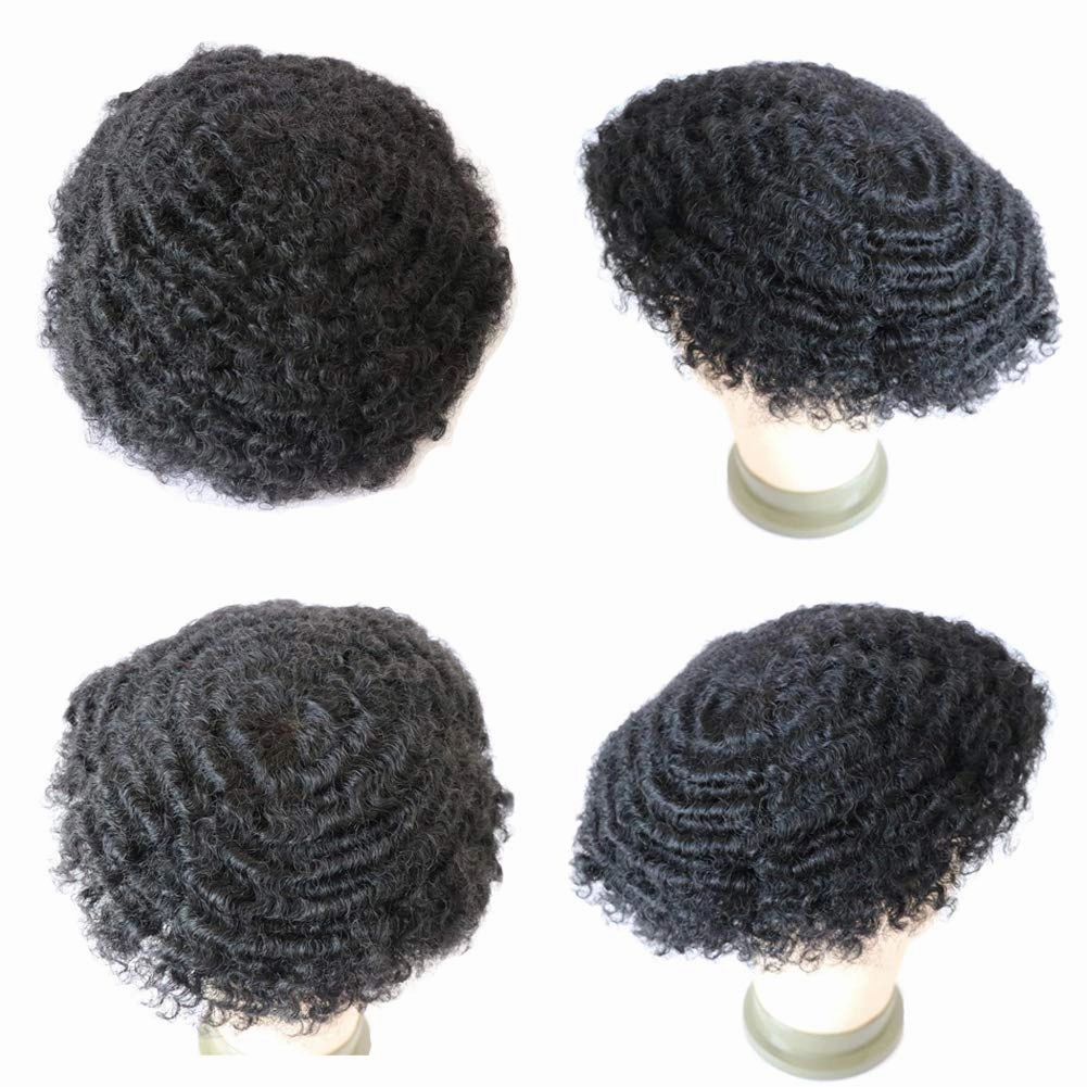 Mens Afro Toupee Translucent French Lace Man Wave Unit 1B# Off Black Mens Wig 10MM Wave 360 Toupee Hairpiece 100% Human Hair System cutable 8x10inch
