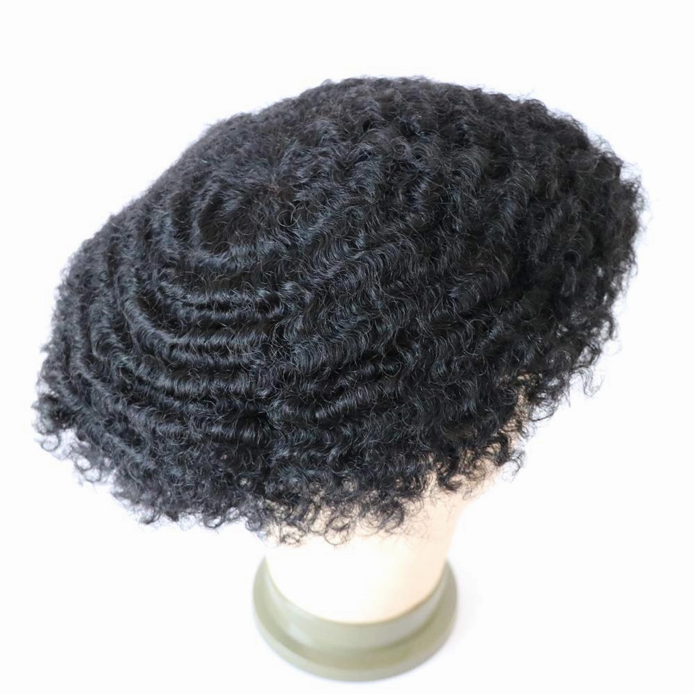 Mens Afro Toupee Translucent French Lace Man Wave Unit 1B# Off Black Mens Wig 10MM Wave 360 Toupee Hairpiece 100% Human Hair System cutable 8x10inch