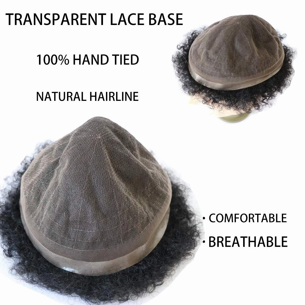 Mens Afro Toupee Translucent French Lace Man Wave Unit 1B# Off Black Mens Wig 10MM Wave 360 Toupee Hairpiece 100% Human Hair System cutable 8x10inch