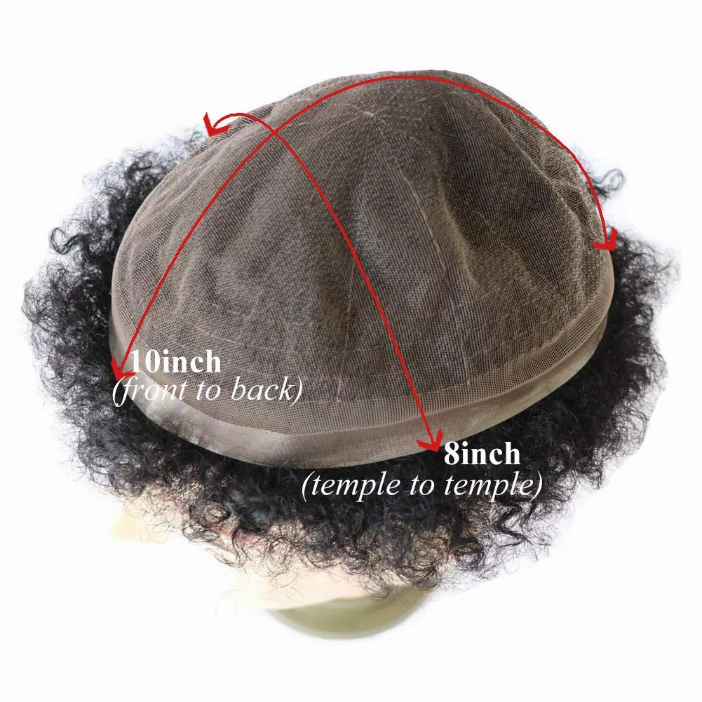 Mens Afro Toupee Translucent French Lace Man Wave Unit 1B# Off Black Mens Wig 10MM Wave 360 Toupee Hairpiece 100% Human Hair System cutable 8x10inch