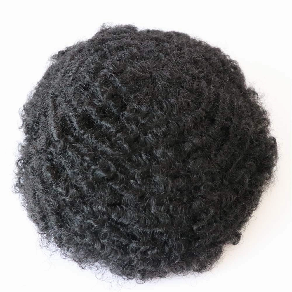 Mens Afro Toupee Translucent French Lace Man Wave Unit 1B# Off Black Mens Wig 10MM Wave 360 Toupee Hairpiece 100% Human Hair System cutable 8x10inch