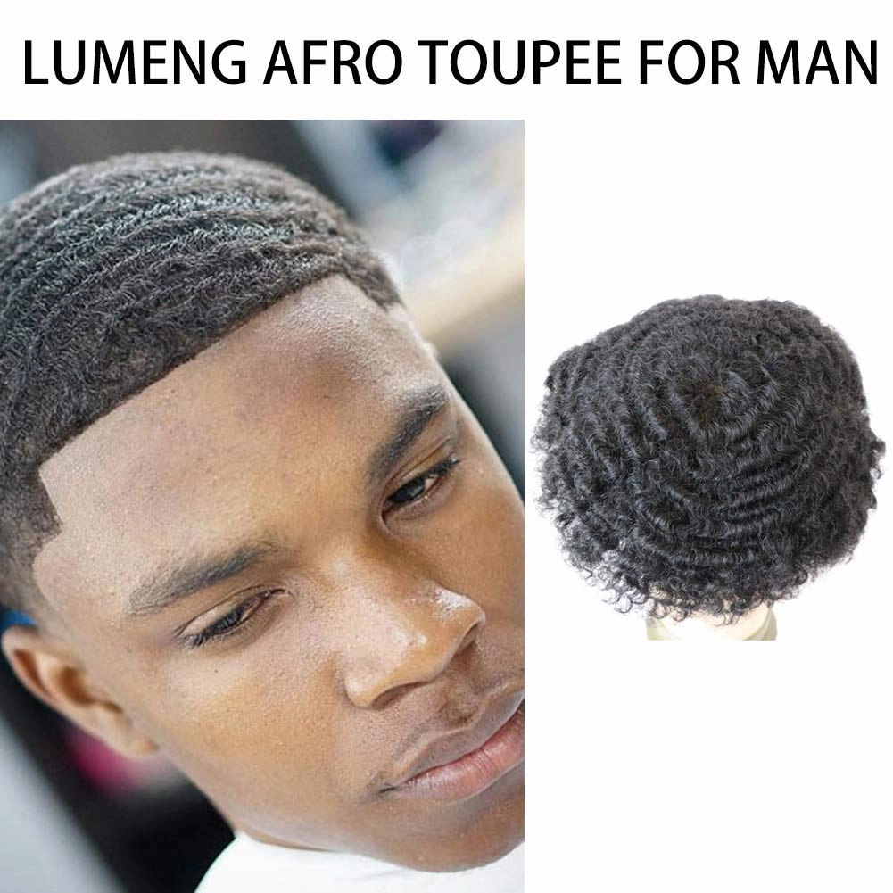 Mens Afro Toupee Translucent French Lace Man Wave Unit 1B# Off Black Mens Wig 10MM Wave 360 Toupee Hairpiece 100% Human Hair System cutable 8x10inch