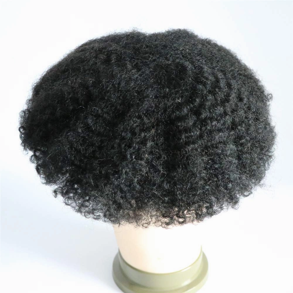 Mens Afro Toupee Translucent French Lace Man Wave Unit 1B# Off Black Mens Wig 10MM Wave 360 Toupee Hairpiece 100% Human Hair System cutable 8x10inch