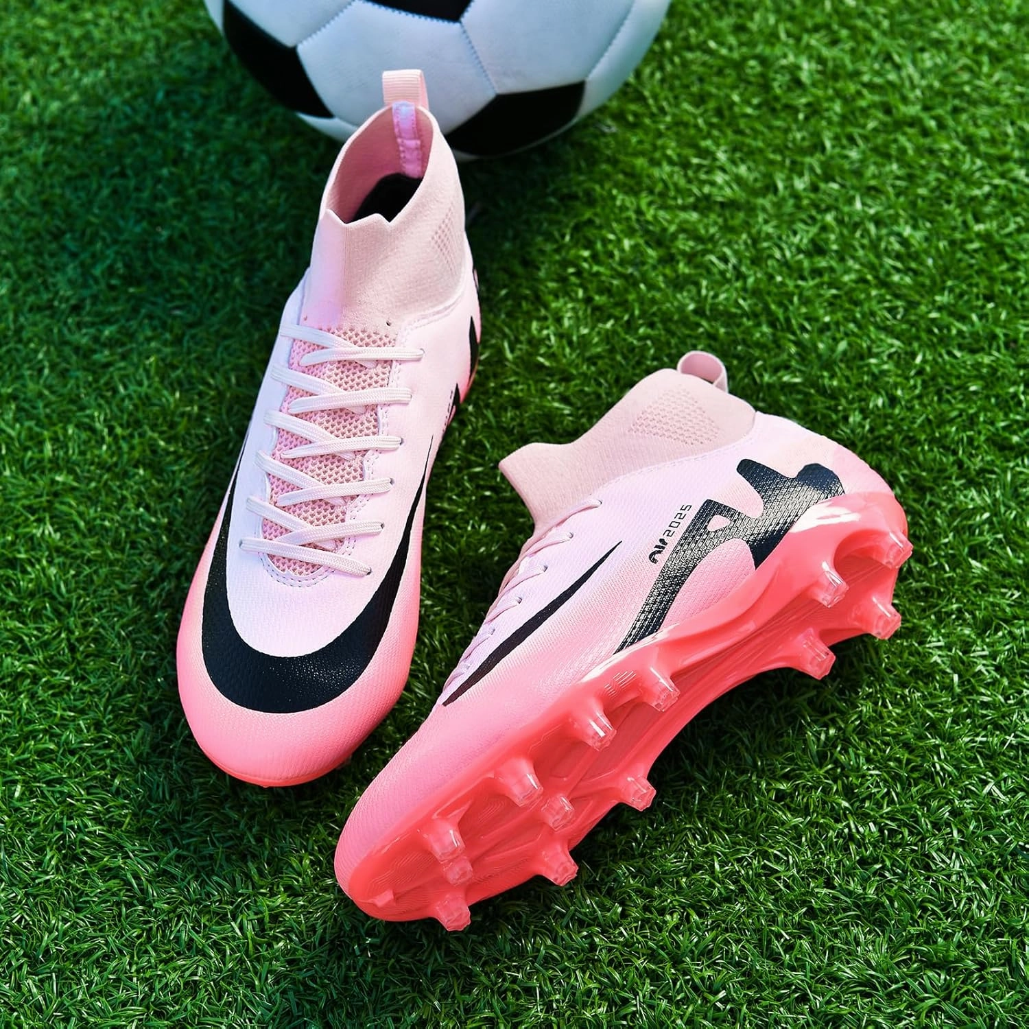 Mens High-Top Soccer Cleats Womens Turf Football Shoes Boys Girls Lightweight Youth Professional Indoor Outdoor AG Black Purple Pink