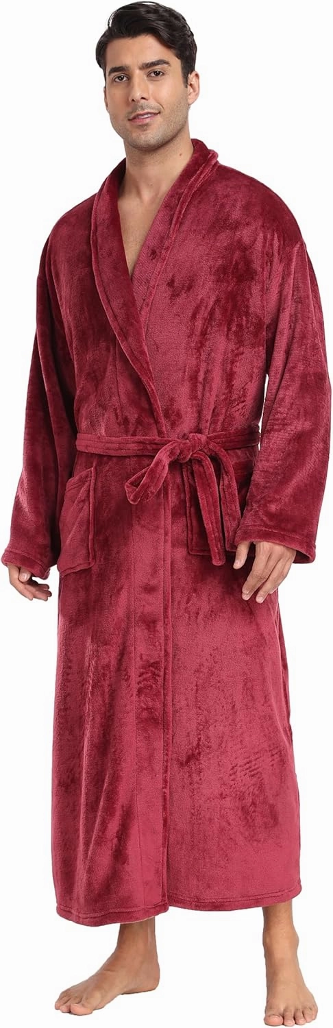 Mens Plush Fleece Robe Soft Shawl Collar Bathrobe Long Fluffy Spa Robes Winter Warm House Robe with Pockets