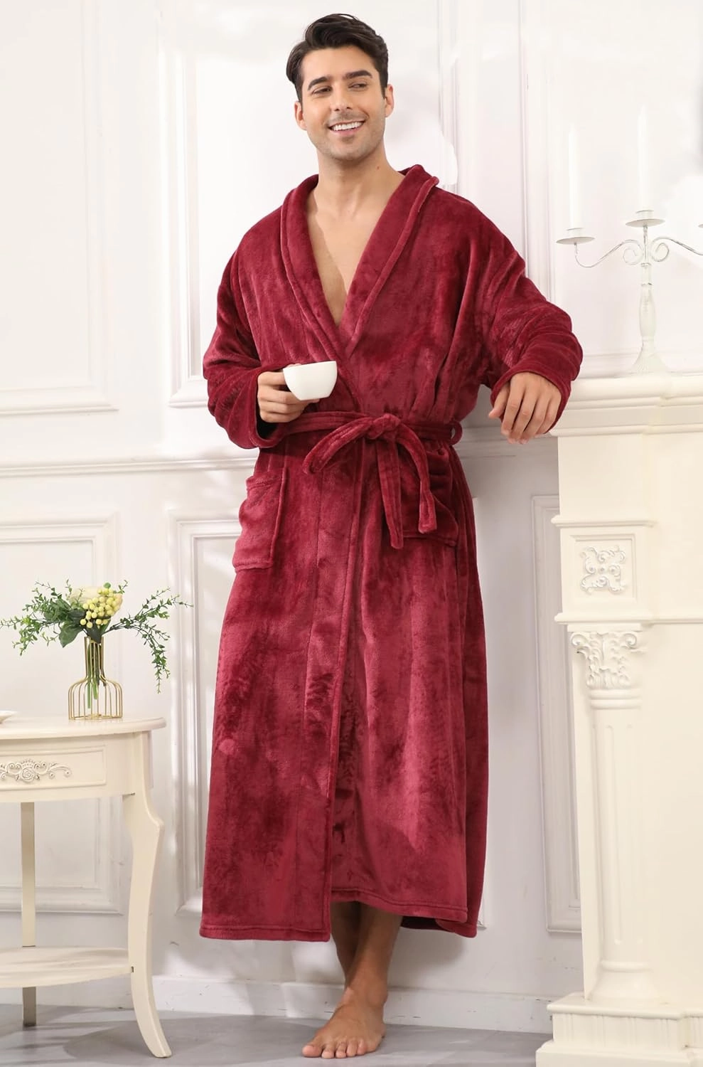 Mens Plush Fleece Robe Soft Shawl Collar Bathrobe Long Fluffy Spa Robes Winter Warm House Robe with Pockets