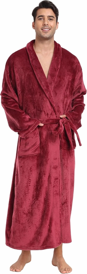 Mens Plush Fleece Robe Soft Shawl Collar Bathrobe Long Fluffy Spa Robes Winter Warm House Robe with Pockets