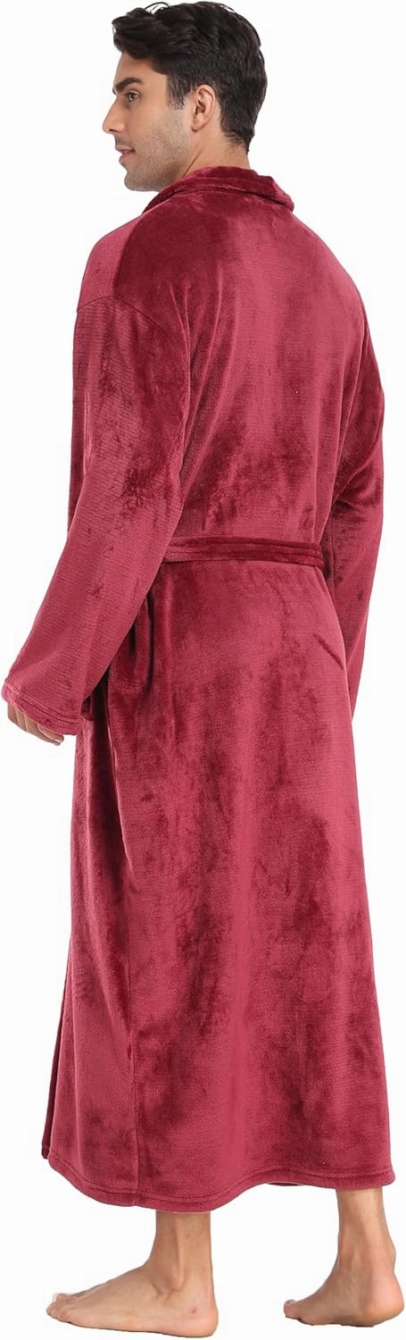Mens Plush Fleece Robe Soft Shawl Collar Bathrobe Long Fluffy Spa Robes Winter Warm House Robe with Pockets