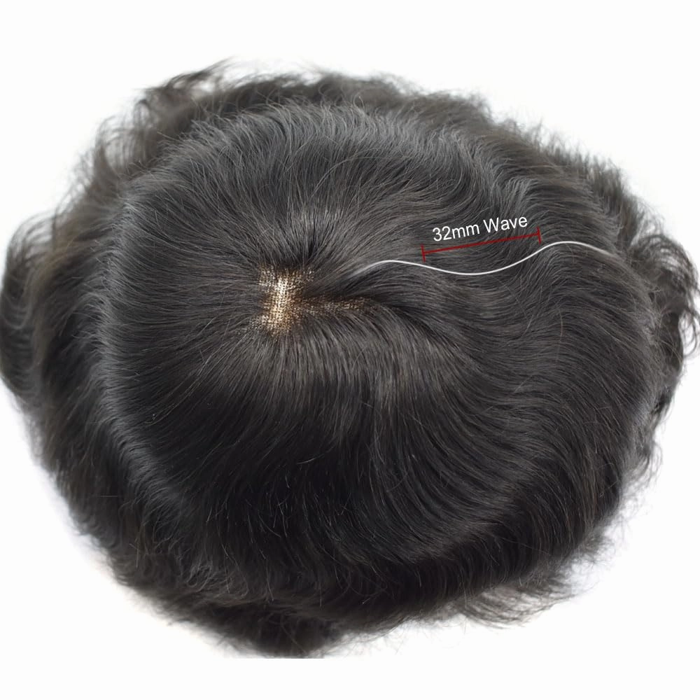 Mens Toupee Hair Piece Real Human Hair Replacement System Toupee For Men Hair Prosthesis Units Natural Hairline Mens Hairpieces(8x10''-120% density, 1B# OFF BLACK)
