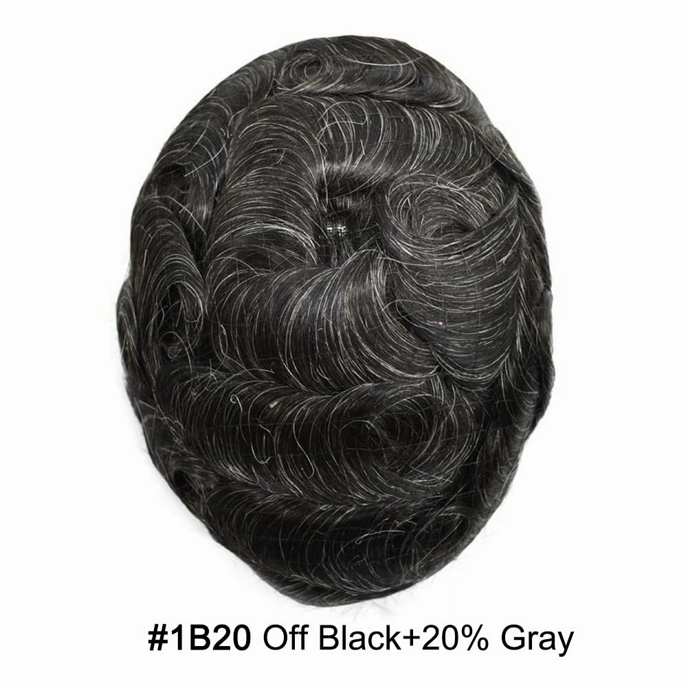 Mens Toupee Hair System For Men Hairpiece Fine Monofilament Toupee For Mens Hair System French Lace Front 8x10 110% light to Medium density#1B20 1B# OFF BLACK 20% GREY