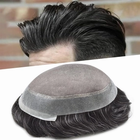 Mens Toupee Hair System For Men Hairpiece Fine Monofilament Toupee For Mens Hair System French Lace Front 8x10 110% light to Medium density#1B20 1B# OFF BLACK 20% GREY