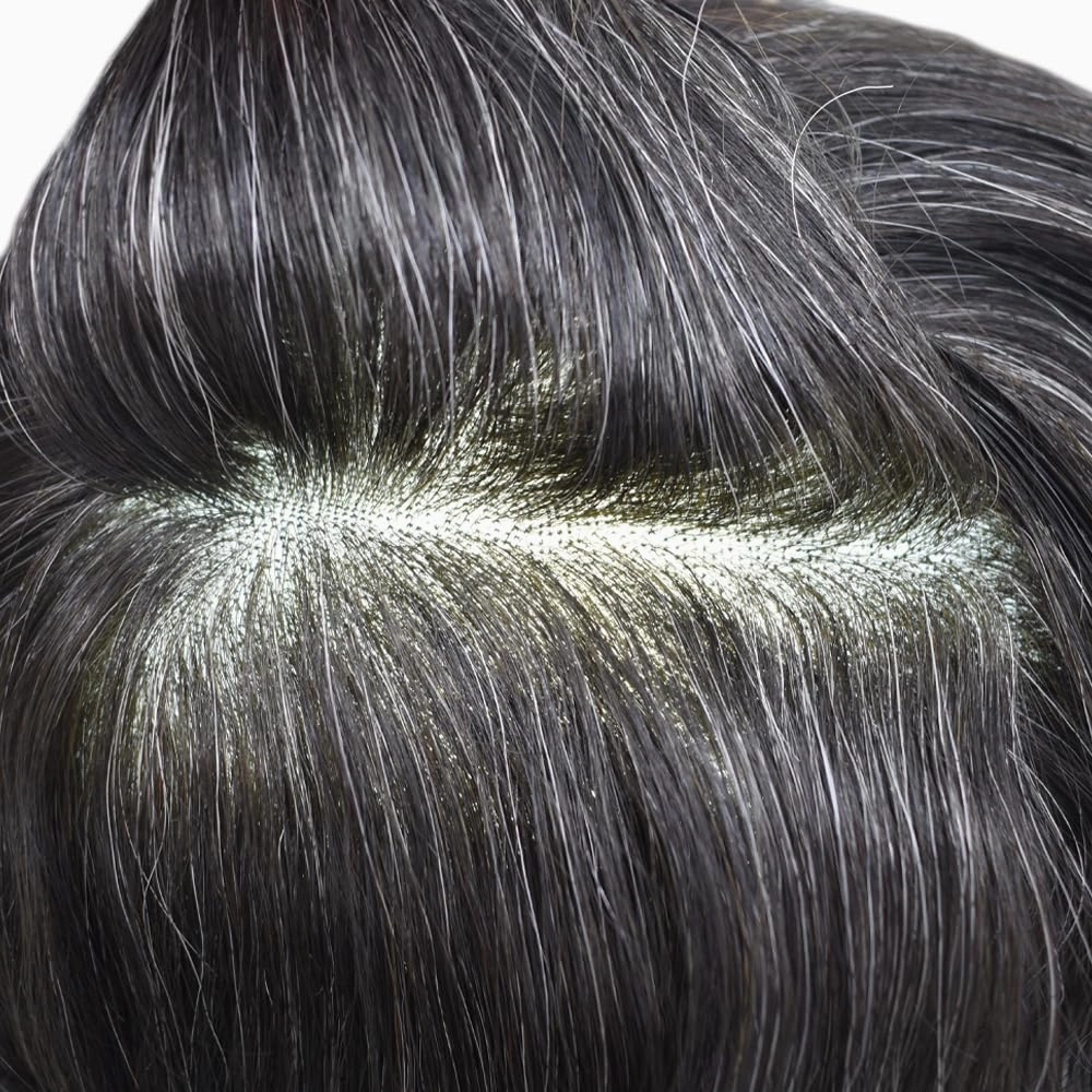 Mens Toupee Hair System For Men Hairpiece Fine Monofilament Toupee For Mens Hair System French Lace Front 8x10 110% light to Medium density#1B20 1B# OFF BLACK 20% GREY