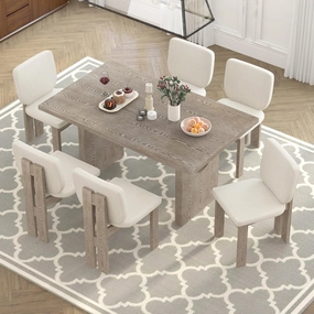Merax 7-Piece Retro Dining Set for 6, Rubber Wood Rectangular Table with Designed Trestle Base and 6 Upholstered Chairs for Dining Room and Kitchen (Natural Wood Wash)