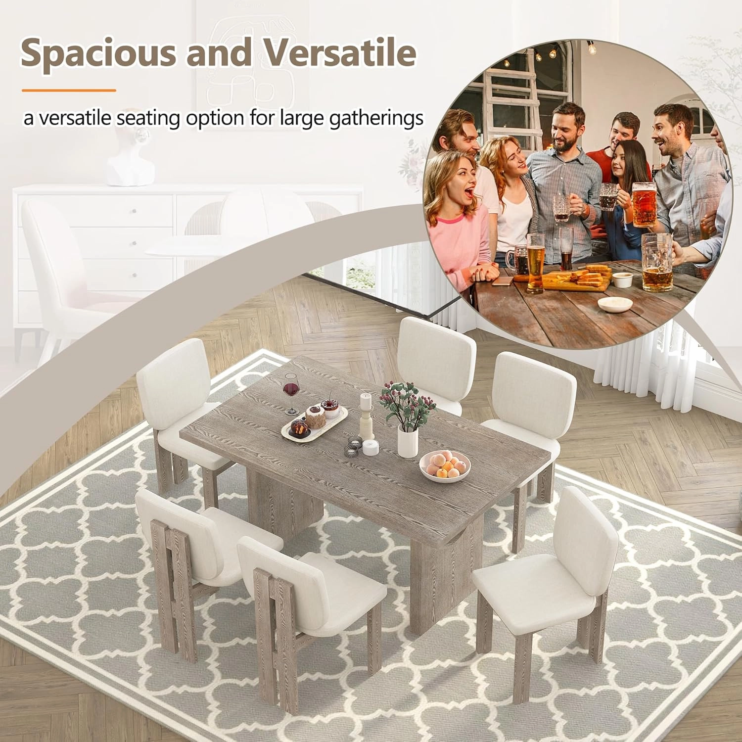 Merax 7-Piece Retro Dining Set for 6, Rubber Wood Rectangular Table with Designed Trestle Base and 6 Upholstered Chairs for Dining Room and Kitchen (Natural Wood Wash)