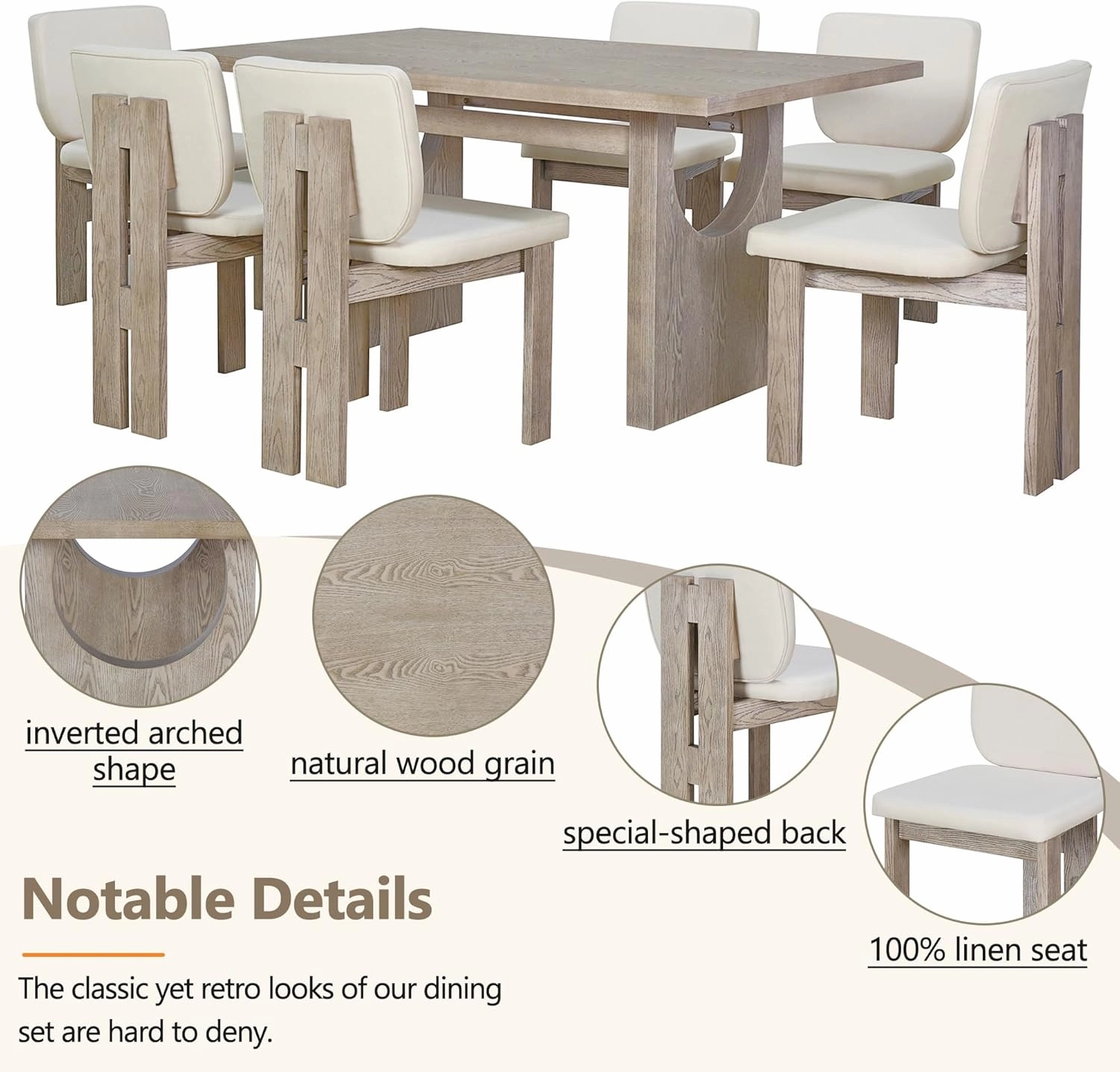 Merax 7-Piece Retro Dining Set for 6, Rubber Wood Rectangular Table with Designed Trestle Base and 6 Upholstered Chairs for Dining Room and Kitchen (Natural Wood Wash)