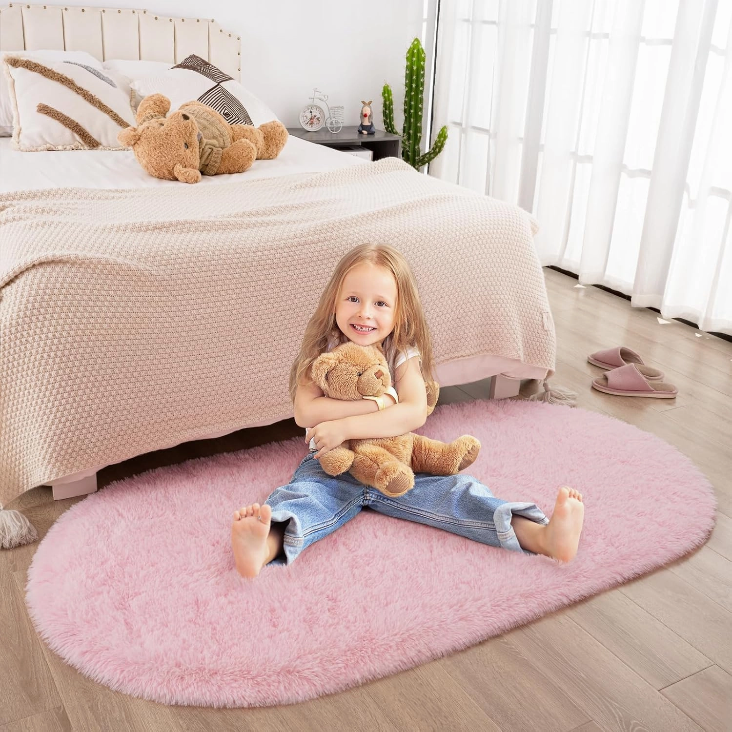 Merelax Soft Shaggy Rug for Kids Bedroom, Oval 2.6'x5.3' Pink Plush Fluffy Furry Carpets for Living Room, Teen Girls Room, Anti-Skid Fuzzy Comfy Rug for Nursery Decor Cute Baby Play Mat