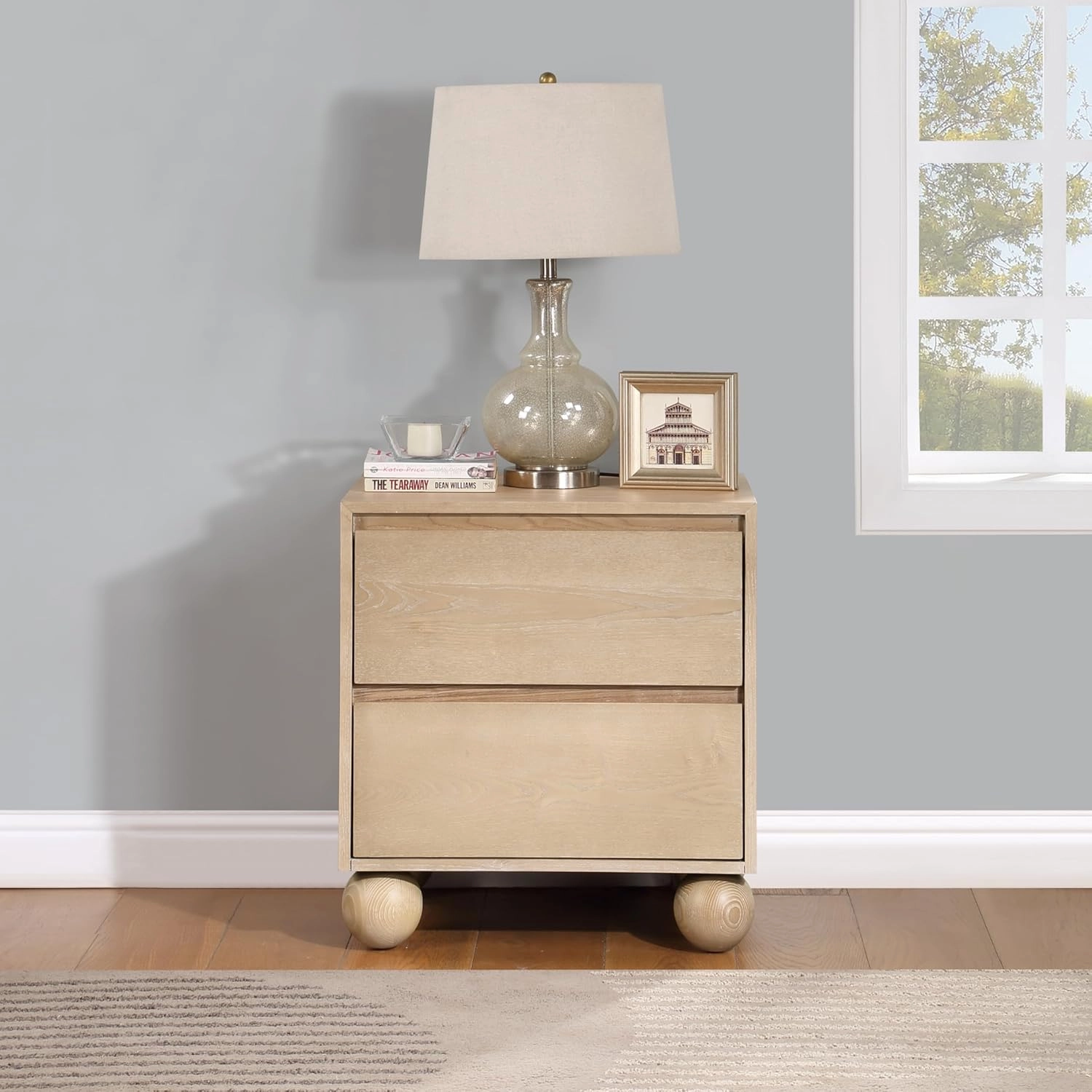 Meridian Furniture KentNatural-NS Kent Collection Art Deco Night Stand with Solid Ash Wood, Rich Natural Finish, Ball Legs, 24" W x 19" D x 26" H, Natural