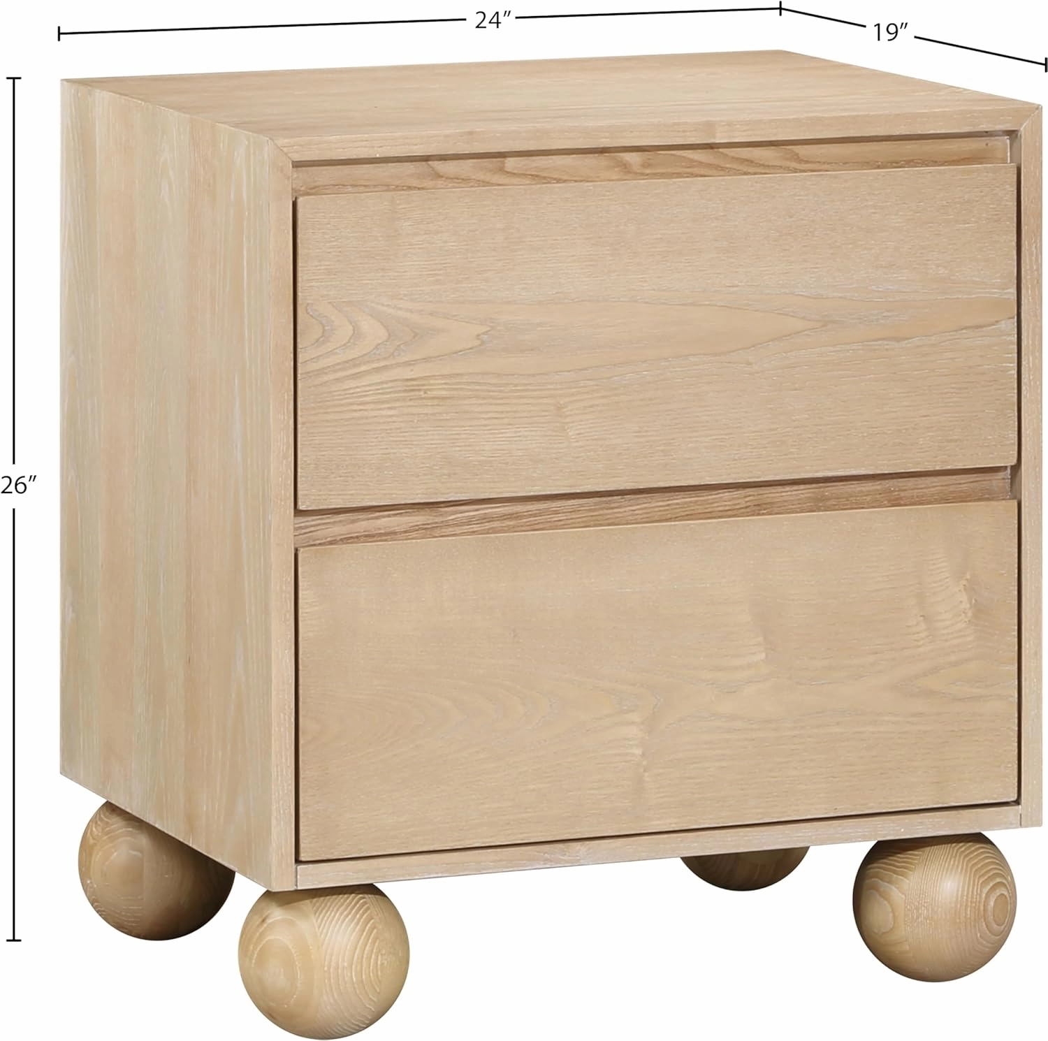 Meridian Furniture KentNatural-NS Kent Collection Art Deco Night Stand with Solid Ash Wood, Rich Natural Finish, Ball Legs, 24" W x 19" D x 26" H, Natural